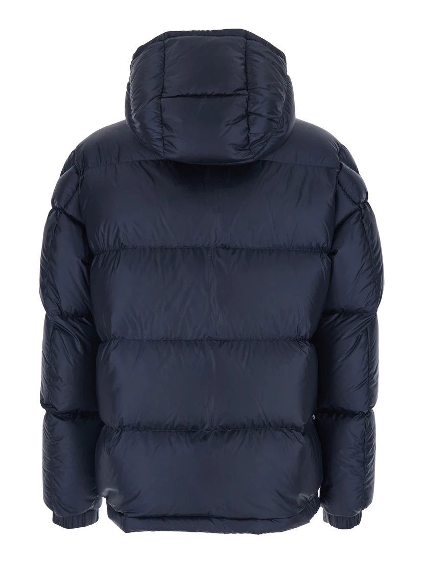 Rivau Dark Blue Down Jacket with Fixed Hood and Logo Patch on the Sleeve in Tech Fabric Man
