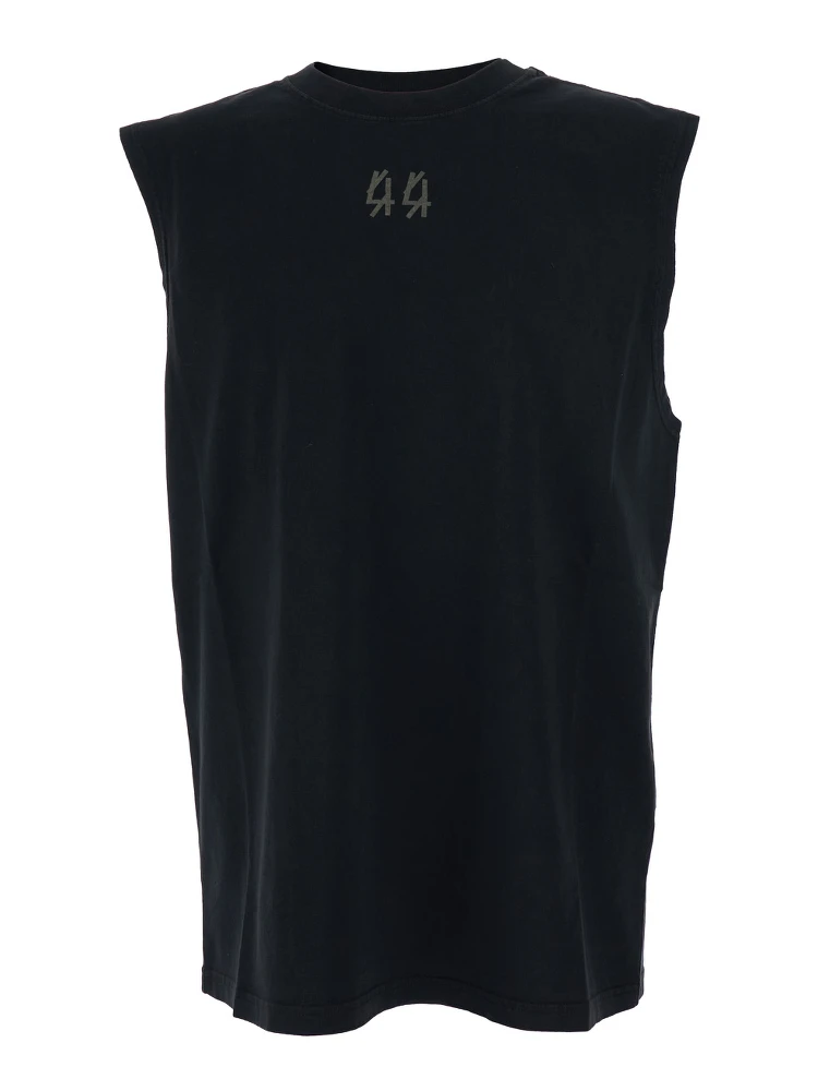 Black Sleeveless Crewneck Top with Logo Detail on the Front and Maxi Logo Print on the Rear in Cotton Man