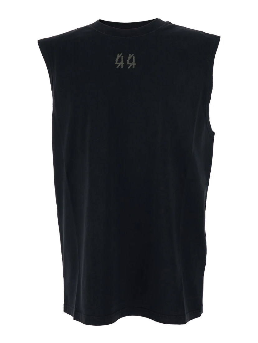 Black Sleeveless Crewneck Top with Logo Detail on the Front and Maxi Logo Print on the Rear in Cotton Man