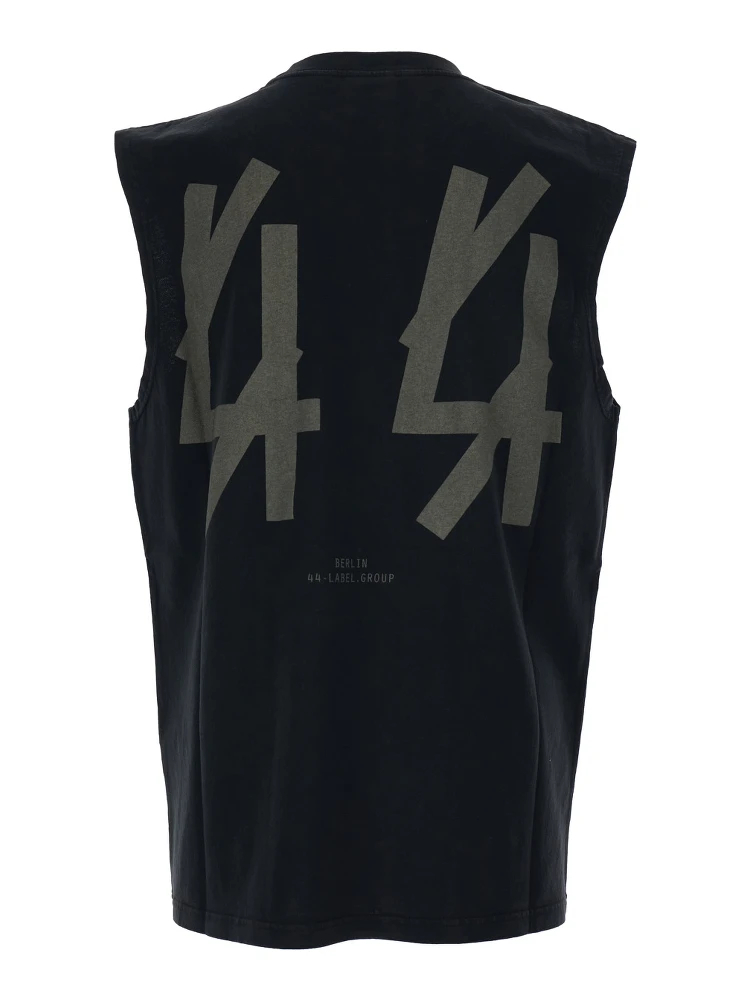 Black Sleeveless Crewneck Top with Logo Detail on the Front and Maxi Logo Print on the Rear in Cotton Man alternative