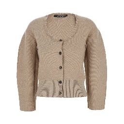 Le Gilet Doppio Beige Cardigan with Round Neck and Ribbed Trims in Wool Blend Stretch Woman