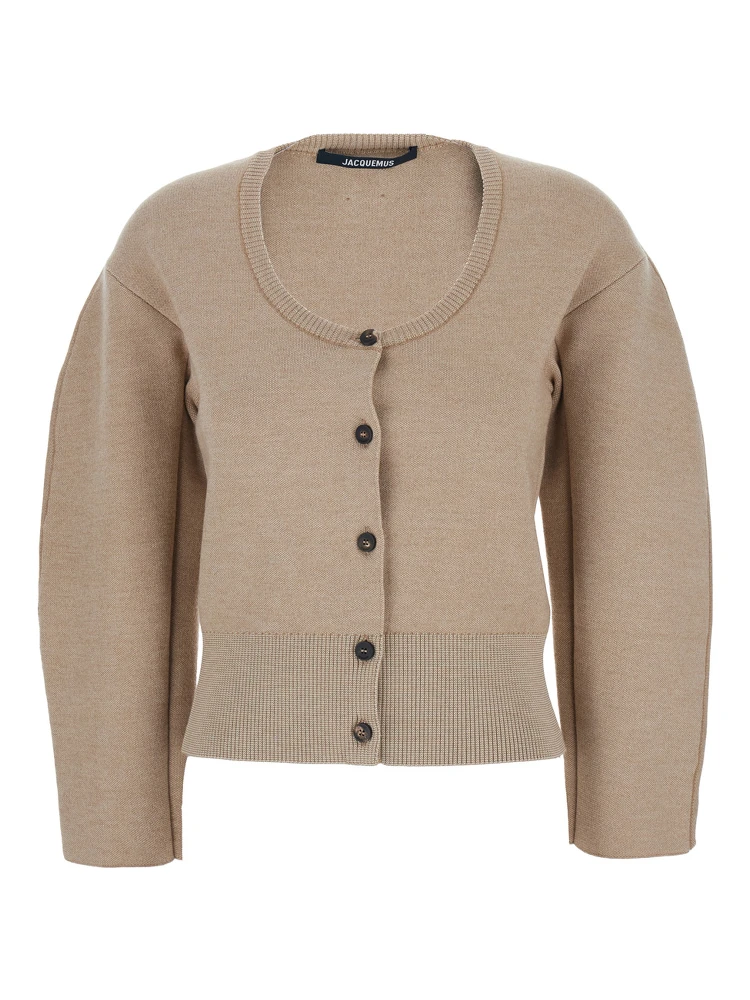 Le Gilet Doppio Beige Cardigan with Round Neck and Ribbed Trims in Wool Blend Stretch Woman