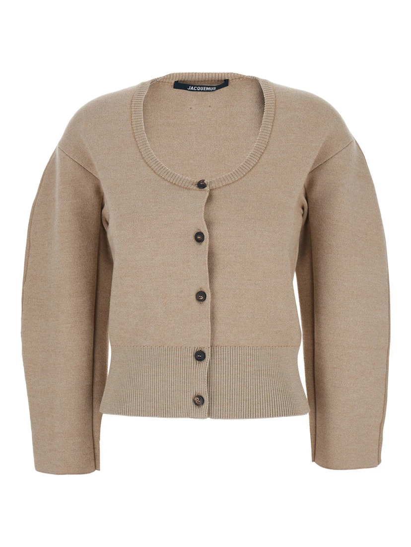 Le Gilet Doppio Beige Cardigan with Round Neck and Ribbed Trims in Wool Blend Stretch Woman