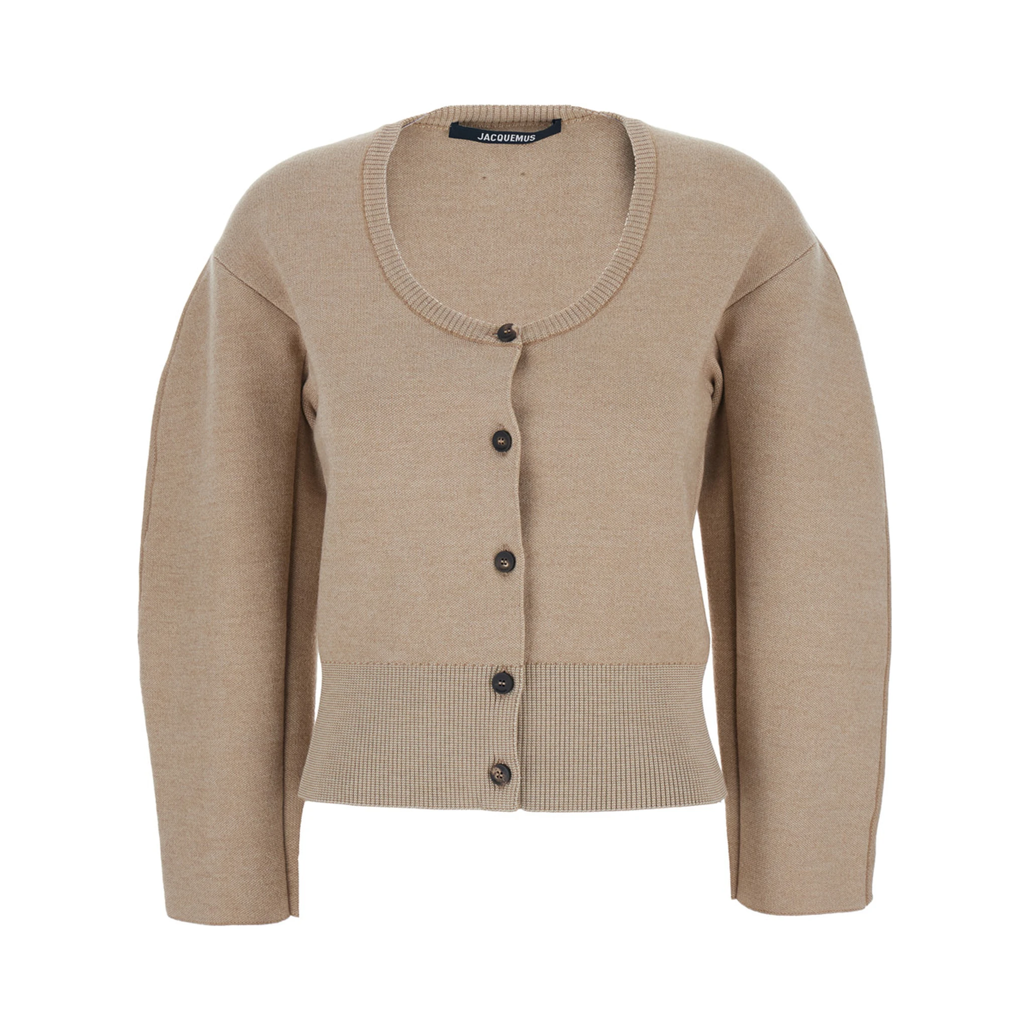 Le Gilet Doppio Beige Cardigan with Round Neck and Ribbed Trims in Wool Blend Stretch Woman