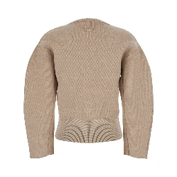 Le Gilet Doppio Beige Cardigan with Round Neck and Ribbed Trims in Wool Blend Stretch Woman