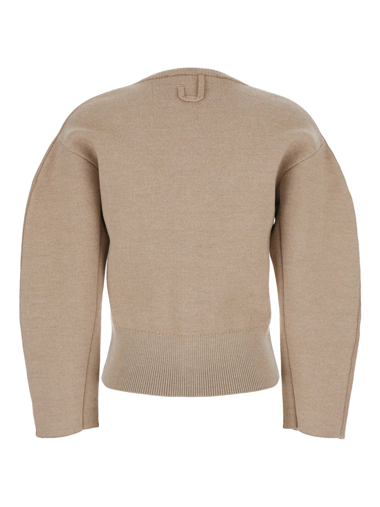 Le Gilet Doppio Beige Cardigan with Round Neck and Ribbed Trims in Wool Blend Stretch Woman alternative