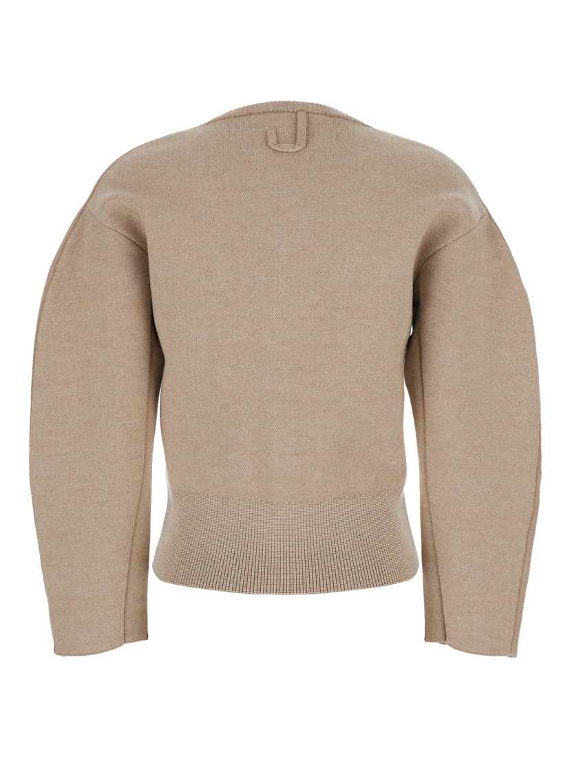 Le Gilet Doppio Beige Cardigan with Round Neck and Ribbed Trims in Wool Blend Stretch Woman