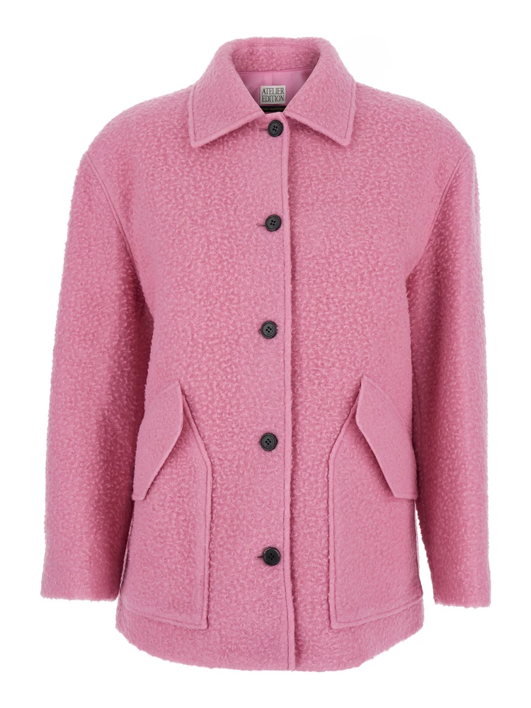 جاكيت وردي بياقة كلاسيكية وجيبين أماميين مائلين من مزيج الصوف للنساء