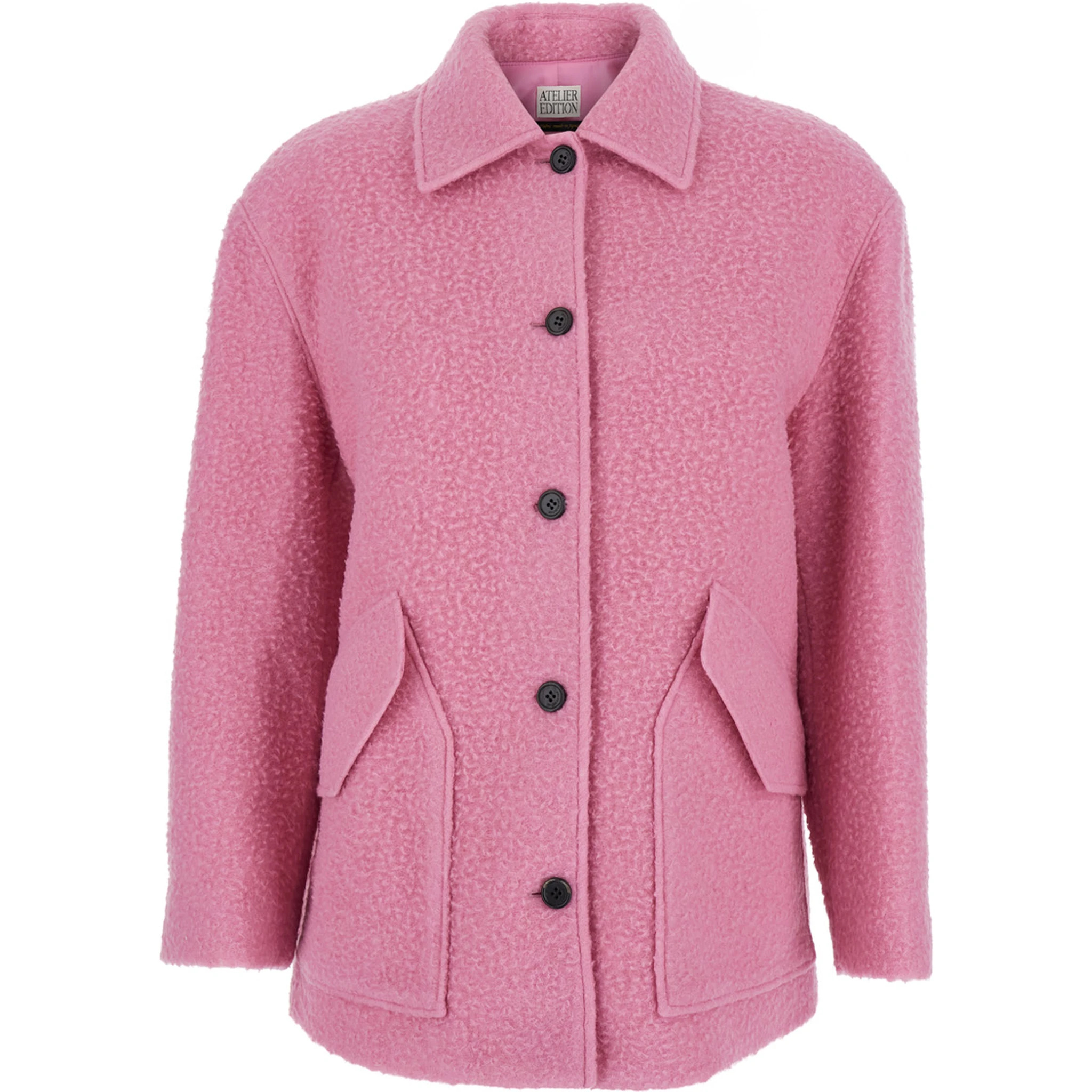 جاكيت وردي بياقة كلاسيكية وجيبين أماميين مائلين من مزيج الصوف للنساء