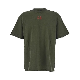 Green Crewneck T-Shirt with Dropped Shoulders and Logo Print on Front and Rear in Cotton Man