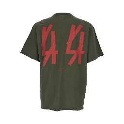 Green Crewneck T-Shirt with Dropped Shoulders and Logo Print on Front and Rear in Cotton Man
