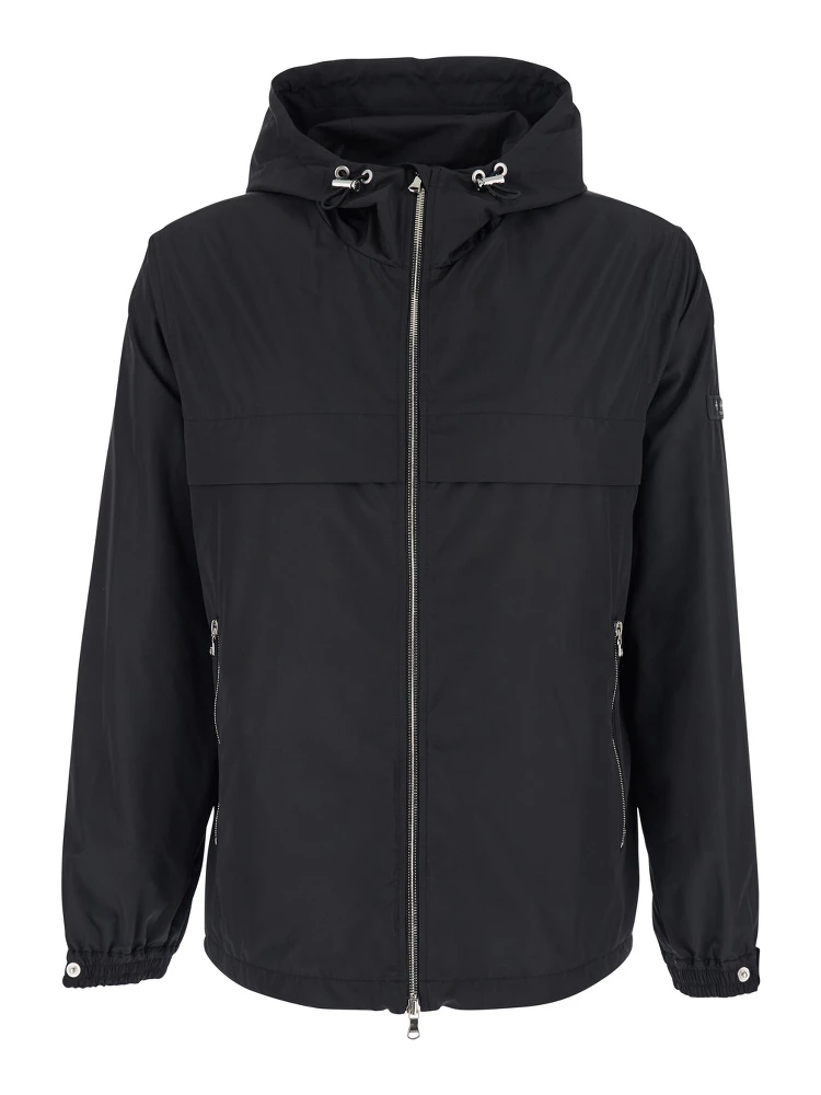 Black Jacket with Drawstring Hood and Logo Patch on the Sleeve in Tech Fabric Man