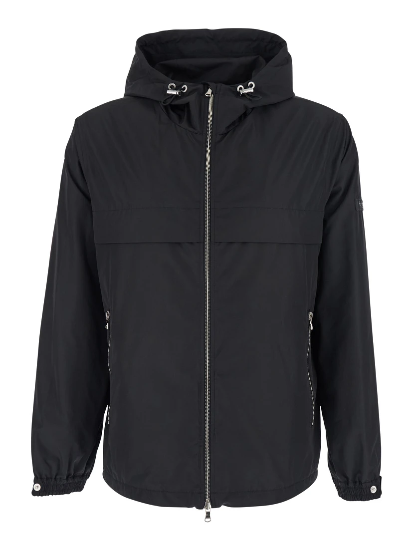 Black Jacket with Drawstring Hood and Logo Patch on the Sleeve in Tech Fabric Man