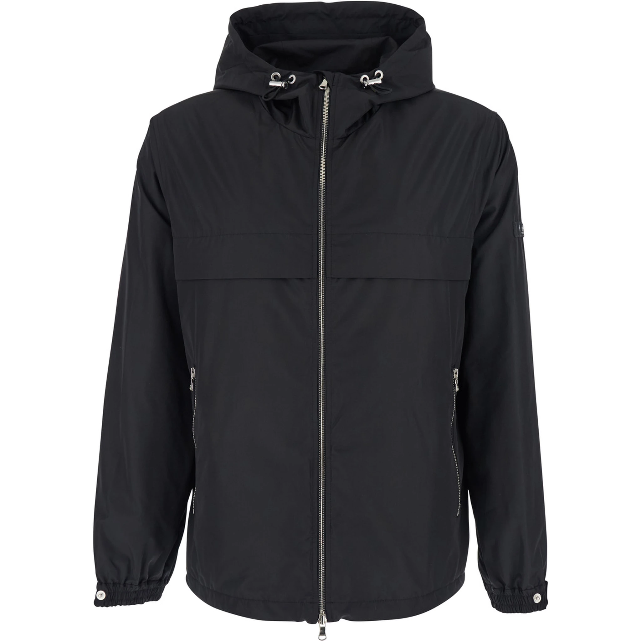 Black Jacket with Drawstring Hood and Logo Patch on the Sleeve in Tech Fabric Man