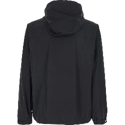 Black Jacket with Drawstring Hood and Logo Patch on the Sleeve in Tech Fabric Man