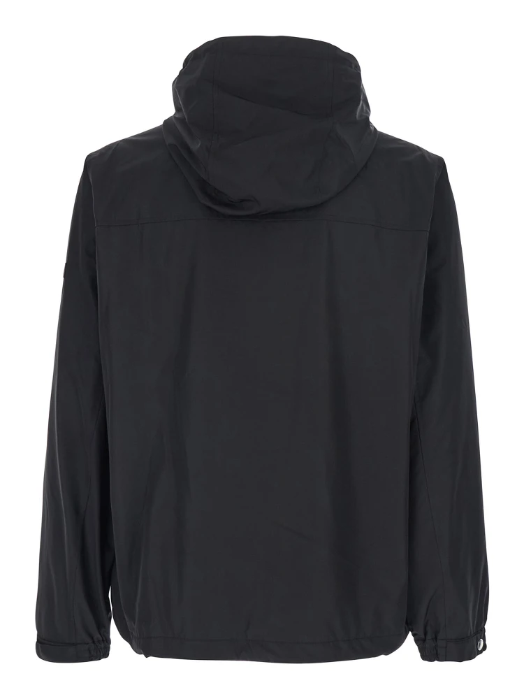 Black Jacket with Drawstring Hood and Logo Patch on the Sleeve in Tech Fabric Man alternative