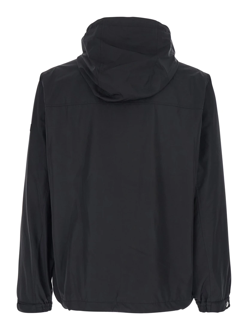 Black Jacket with Drawstring Hood and Logo Patch on the Sleeve in Tech Fabric Man