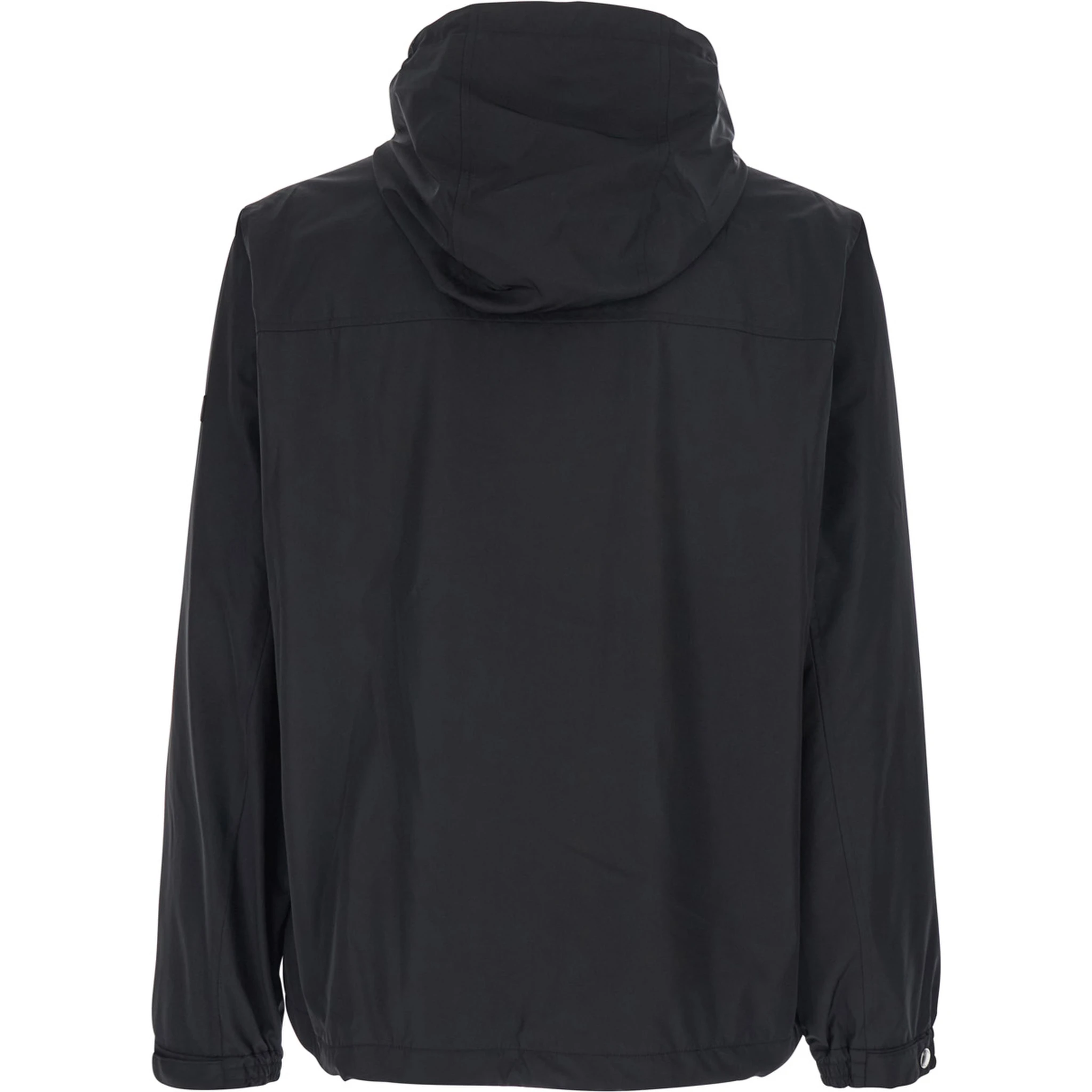 Black Jacket with Drawstring Hood and Logo Patch on the Sleeve in Tech Fabric Man