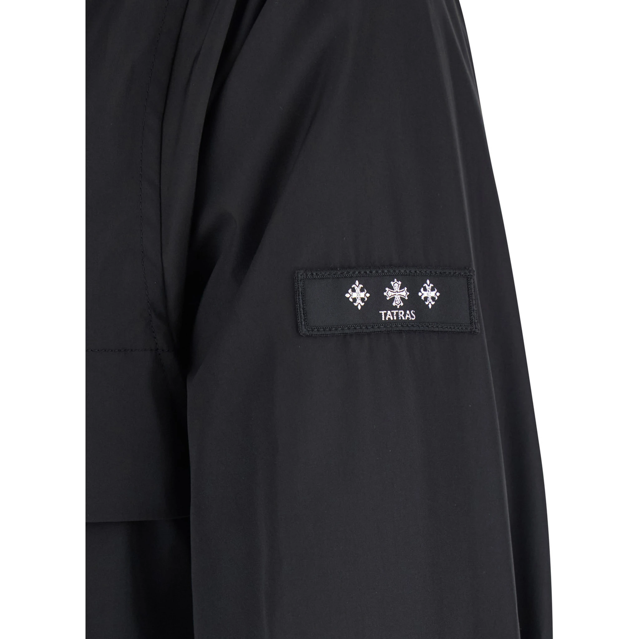 Black Jacket with Drawstring Hood and Logo Patch on the Sleeve in Tech Fabric Man