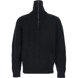 Black Turtleneck Sweater with Rear Half Zip Closure in Cotton Blend Stretch Woman