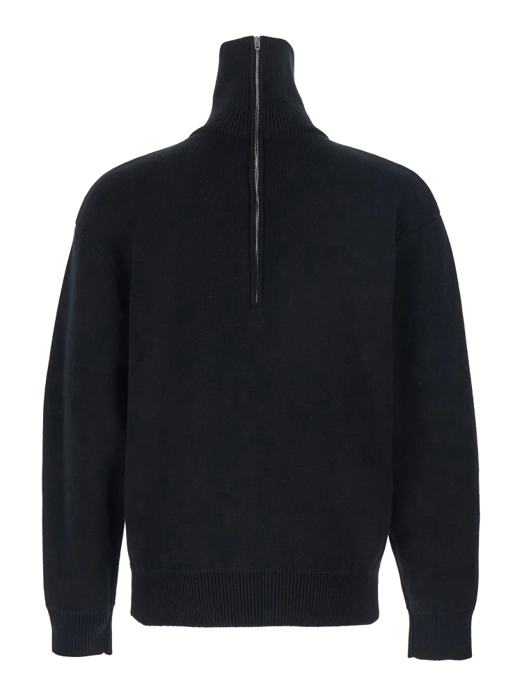 Black Turtleneck Sweater with Rear Half Zip Closure in Cotton Blend Stretch Woman