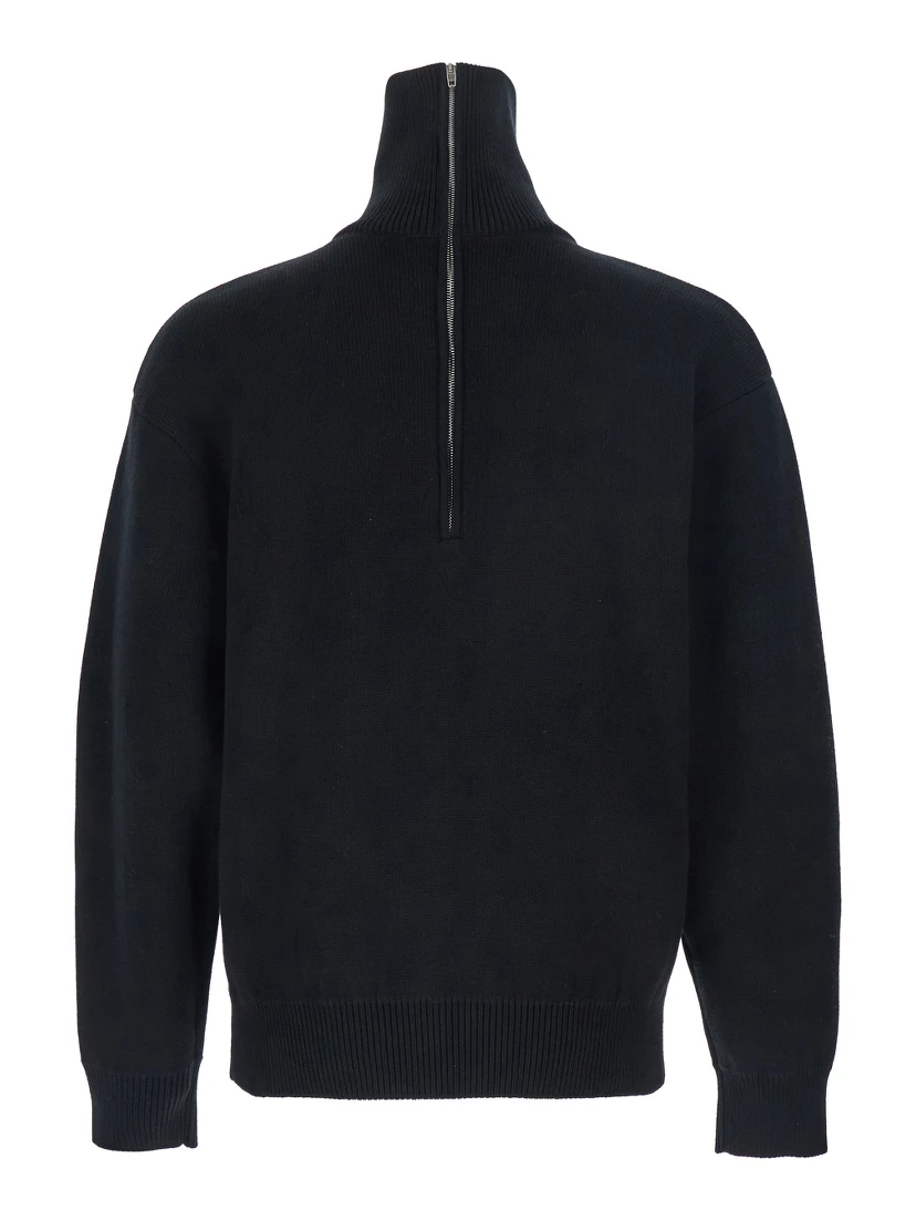 Black Turtleneck Sweater with Rear Half Zip Closure in Cotton Blend Stretch Woman