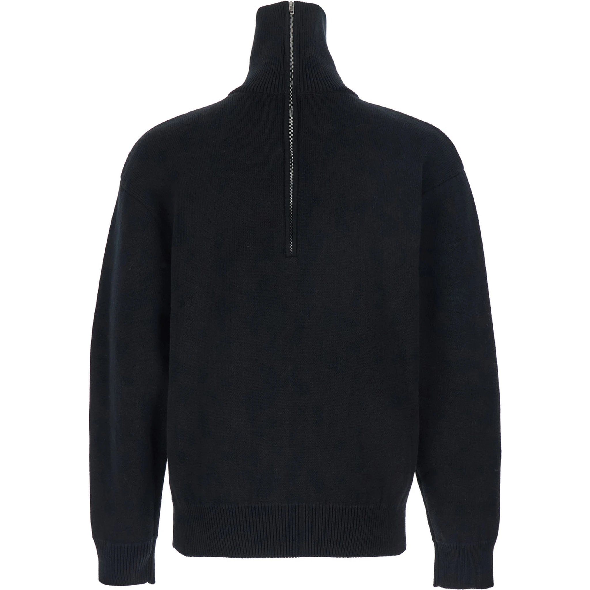 Black Turtleneck Sweater with Rear Half Zip Closure in Cotton Blend Stretch Woman