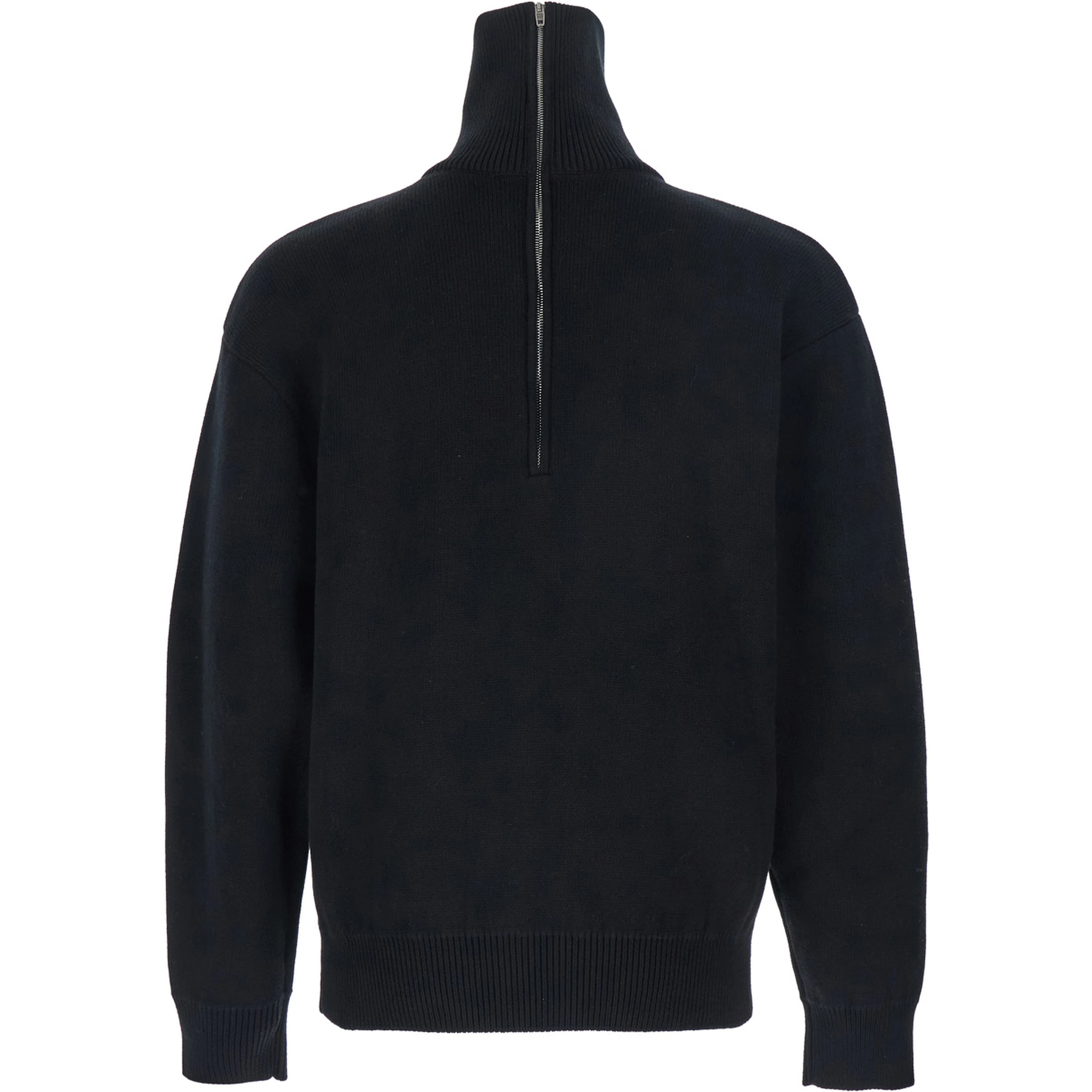 Black Turtleneck Sweater with Rear Half Zip Closure in Cotton Blend Stretch Woman