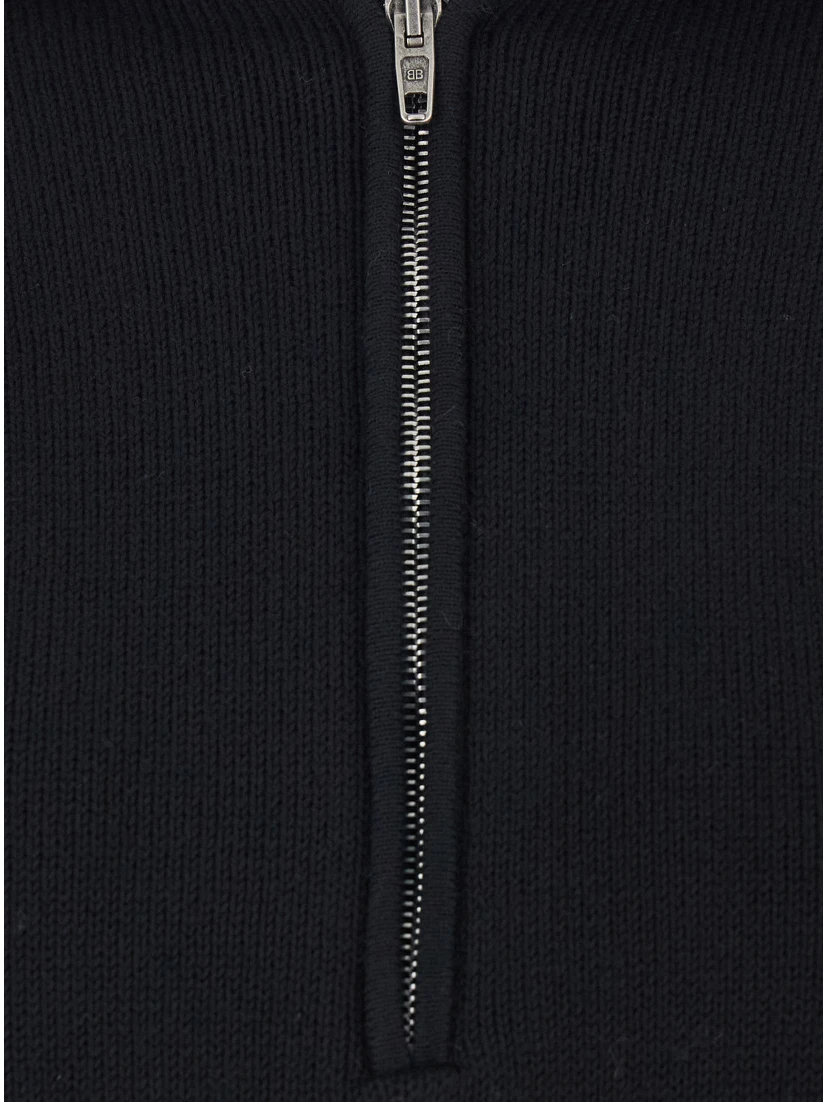 Black Turtleneck Sweater with Rear Half Zip Closure in Cotton Blend Stretch Woman