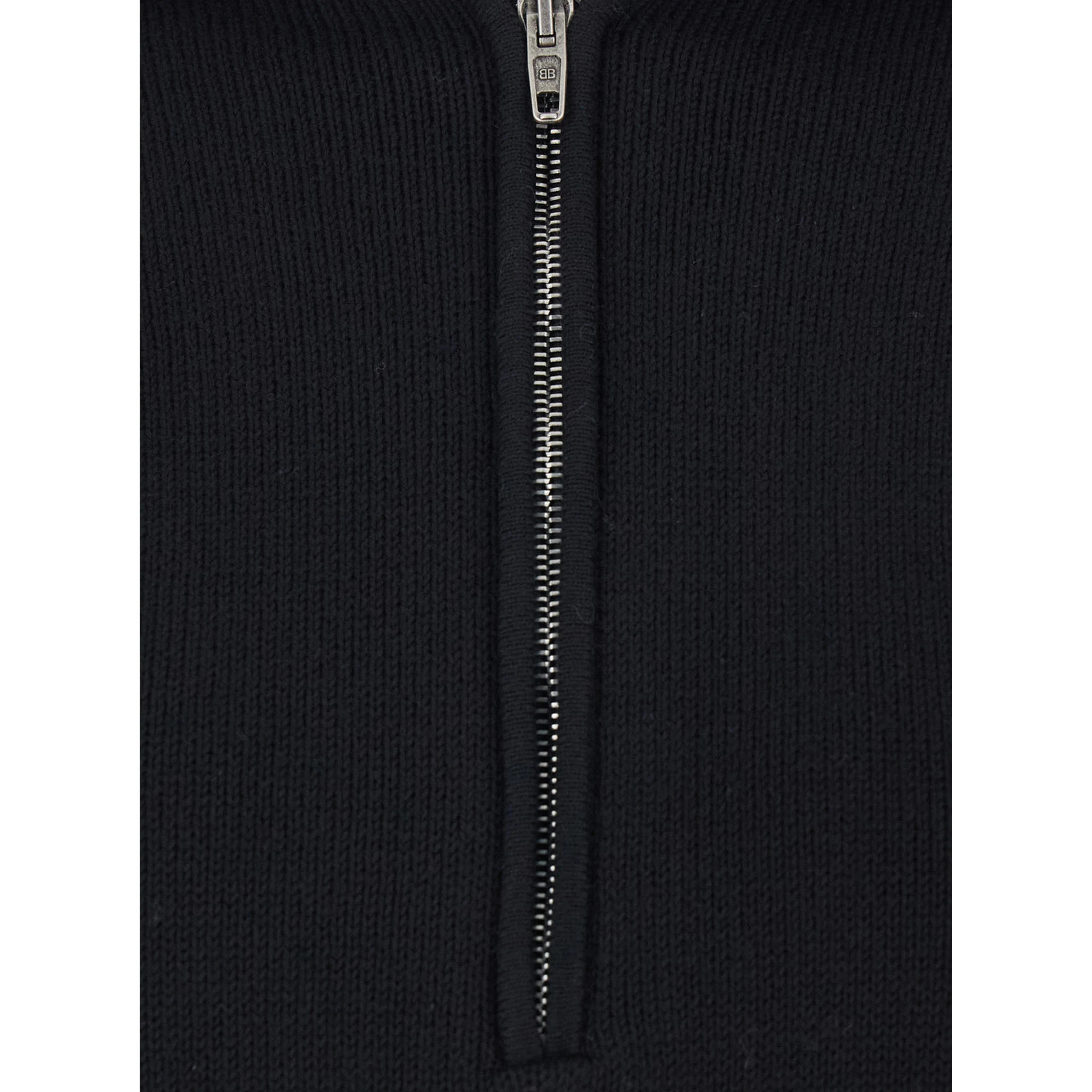 Black Turtleneck Sweater with Rear Half Zip Closure in Cotton Blend Stretch Woman