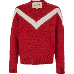 Red Sweater with V Neck and Rear Bow with VLogo Plaque in Wool Man