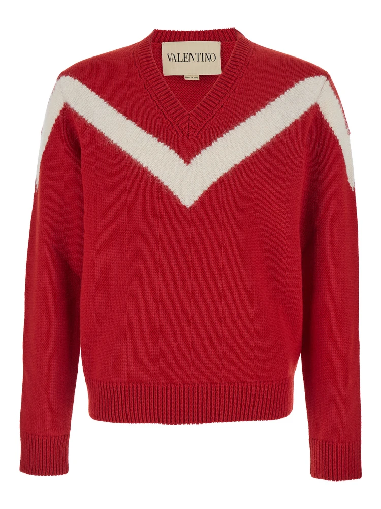 Red Sweater with V Neck and Rear Bow with VLogo Plaque in Wool Man