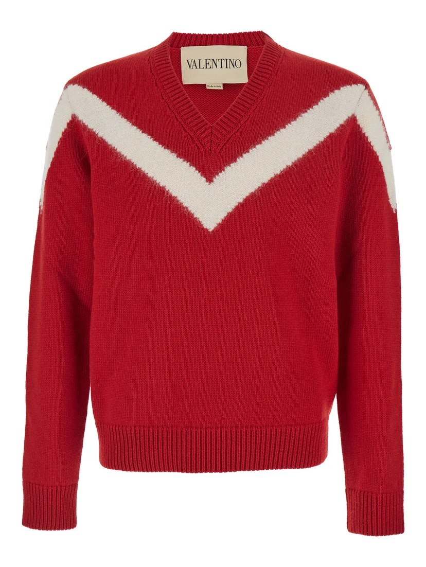 Red Sweater with V Neck and Rear Bow with VLogo Plaque in Wool Man