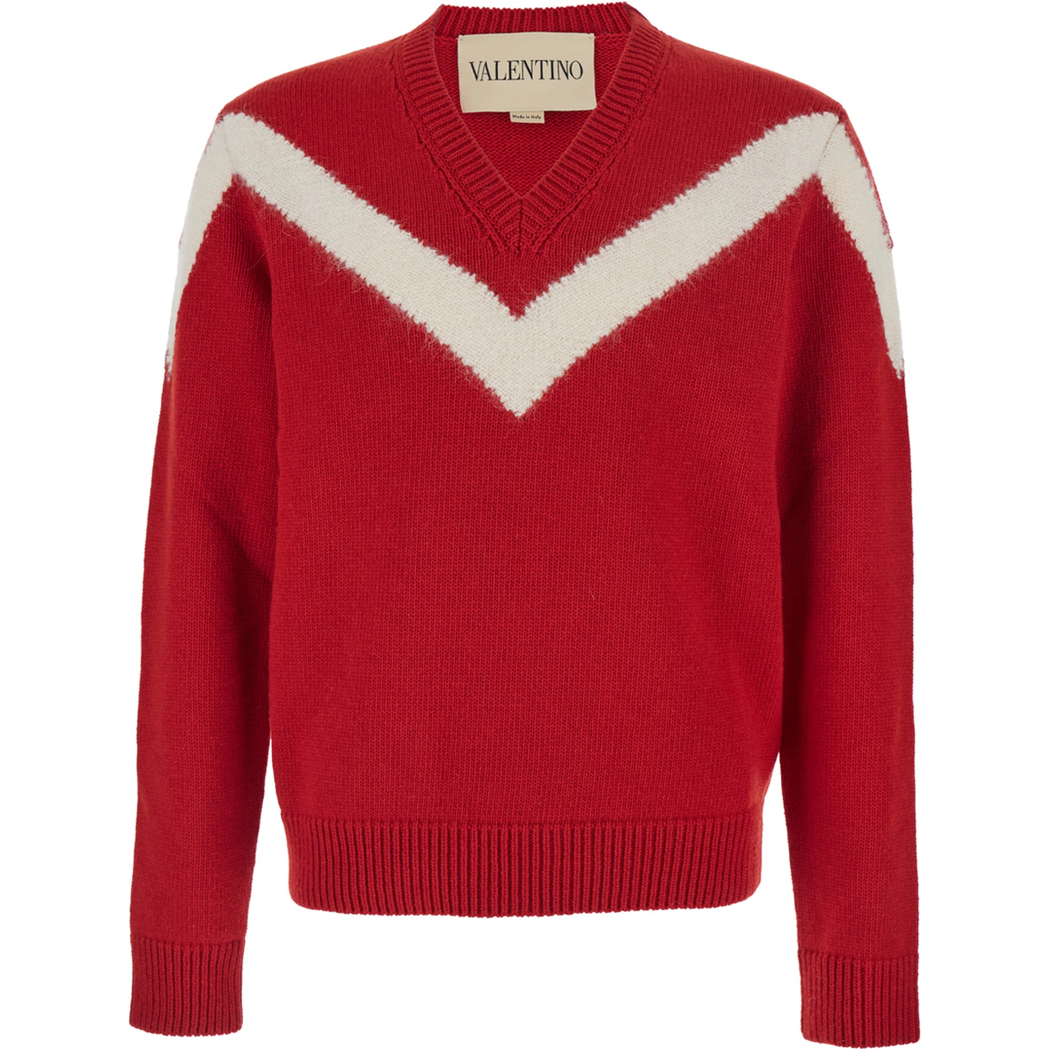 Red Sweater with V Neck and Rear Bow with VLogo Plaque in Wool Man