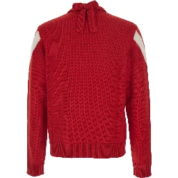Red Sweater with V Neck and Rear Bow with VLogo Plaque in Wool Man