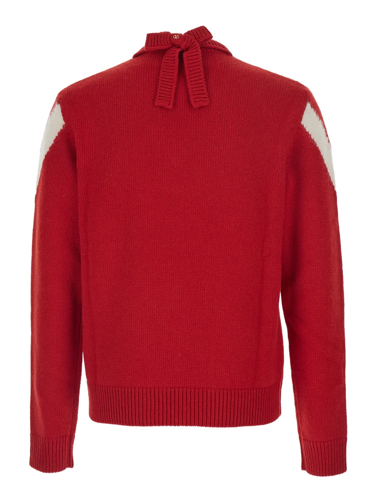 Red Sweater with V Neck and Rear Bow with VLogo Plaque in Wool Man alternative