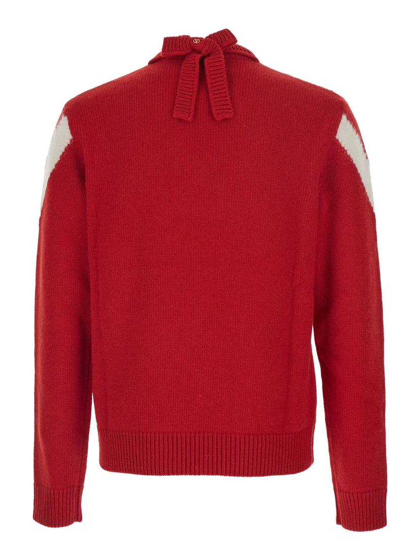 Red Sweater with V Neck and Rear Bow with VLogo Plaque in Wool Man
