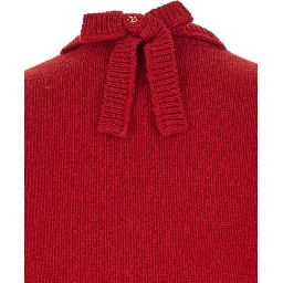 Red Sweater with V Neck and Rear Bow with VLogo Plaque in Wool Man
