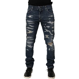 Blue Tattered Cotton Skinny Men Denim Jeans