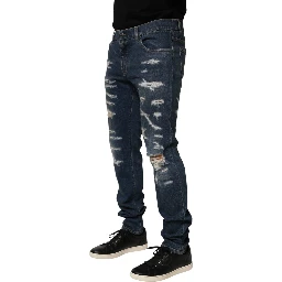 Blue Tattered Cotton Skinny Men Denim Jeans