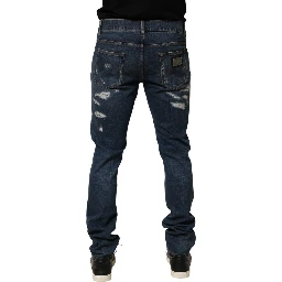 Blue Tattered Cotton Skinny Men Denim Jeans