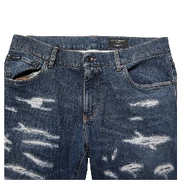 Blue Tattered Cotton Skinny Men Denim Jeans