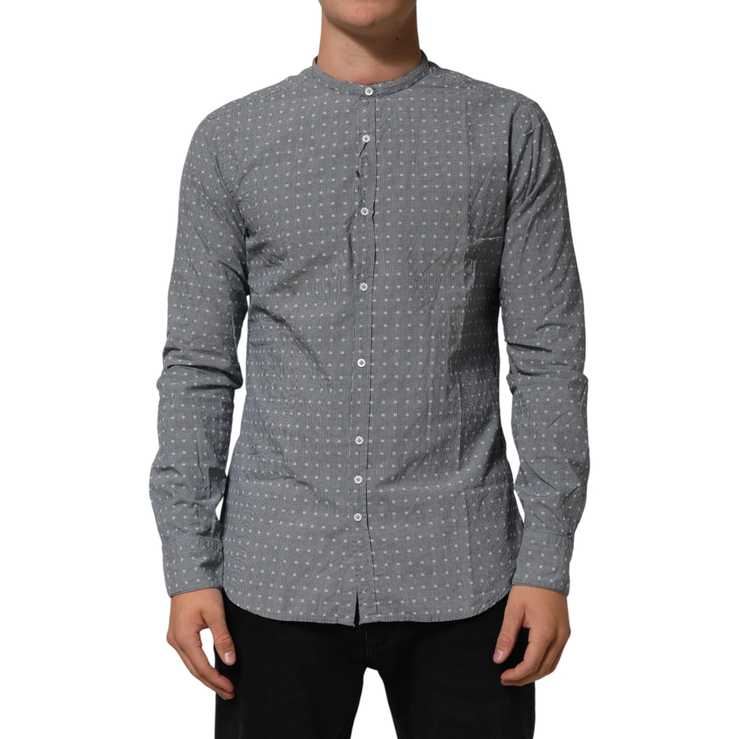 Gray Polka Dot Cotton Button Down Long Sleeves Shirt