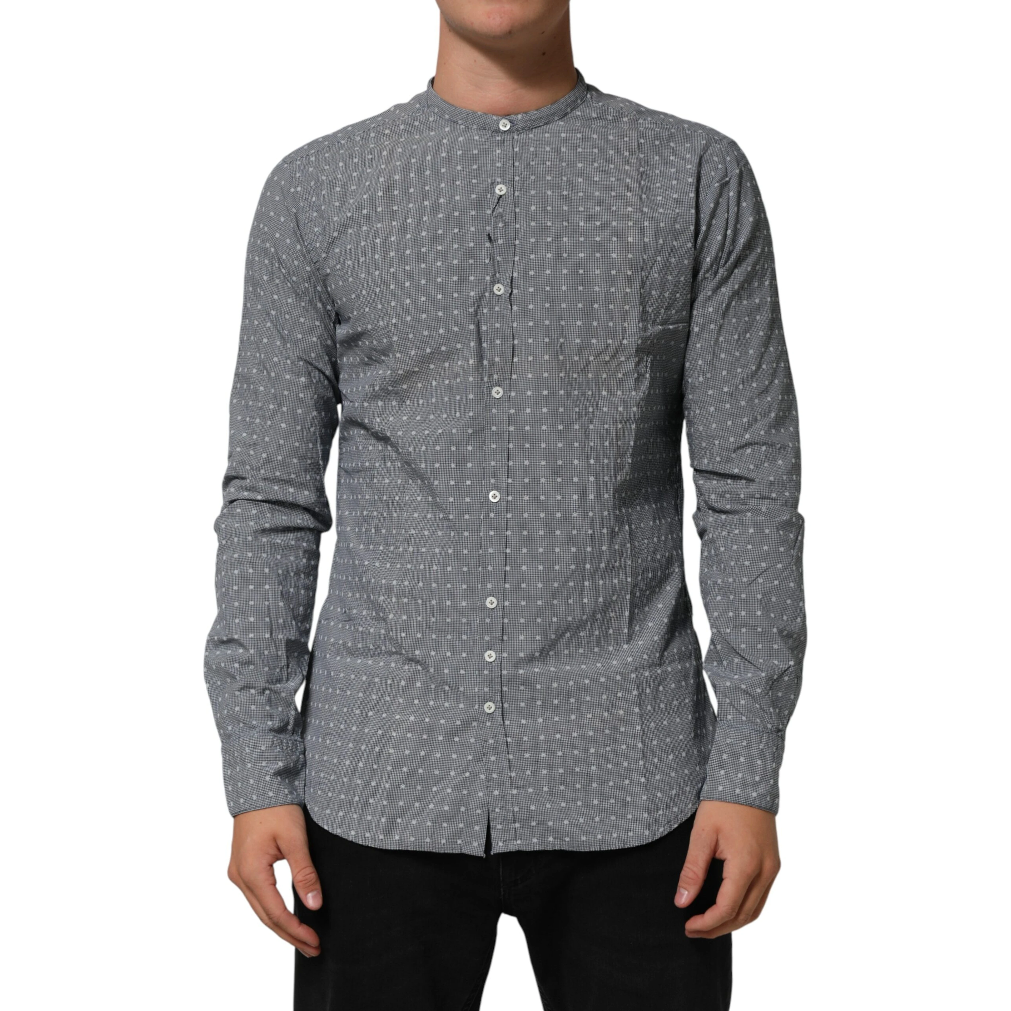 Gray Polka Dot Cotton Button Down Long Sleeves Shirt