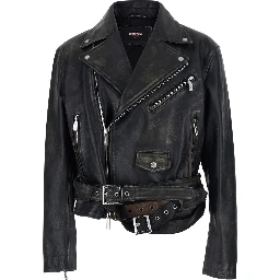 D2 x Magliano Black Biker Jacket with Wide Classic Lapels and Logoed Belt at the Waist in Leather Man