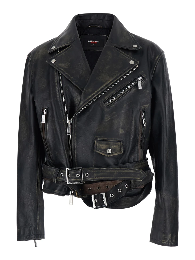 D2 x Magliano Black Biker Jacket with Wide Classic Lapels and Logoed Belt at the Waist in Leather Man