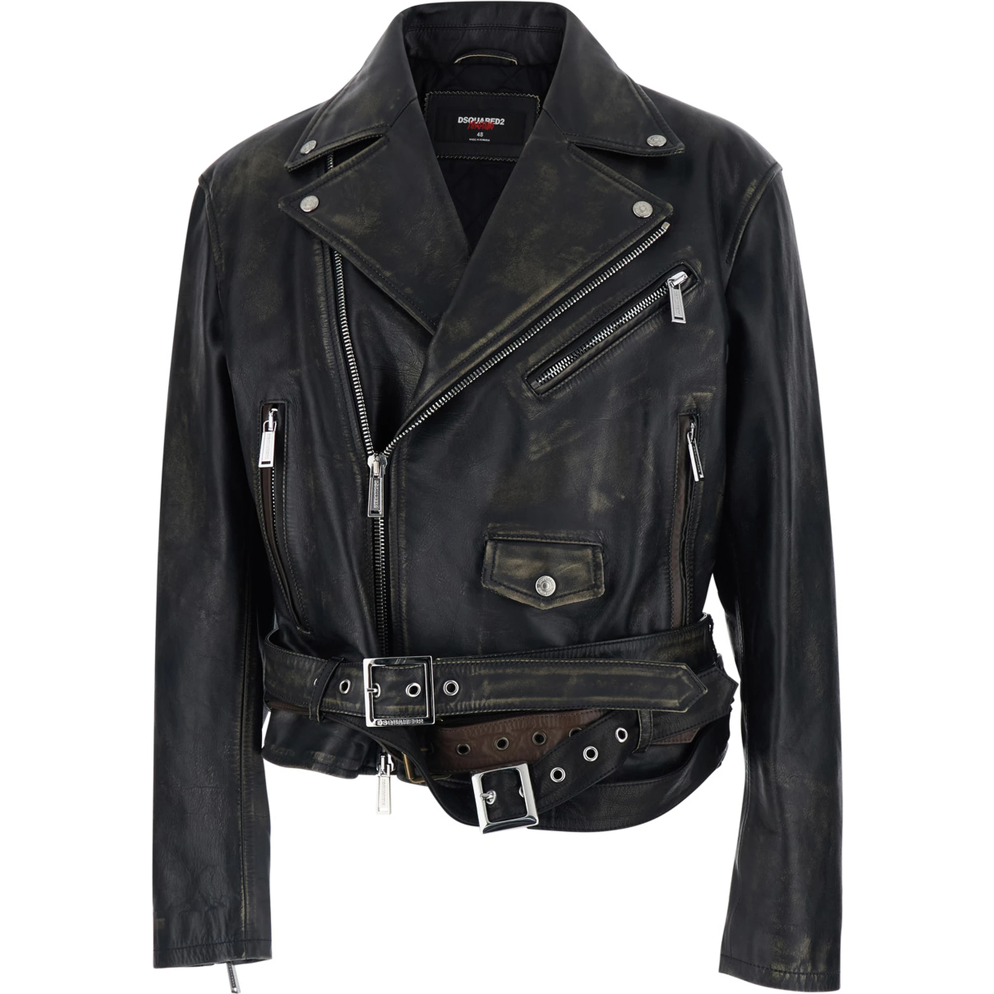 D2 x Magliano Black Biker Jacket with Wide Classic Lapels and Logoed Belt at the Waist in Leather Man