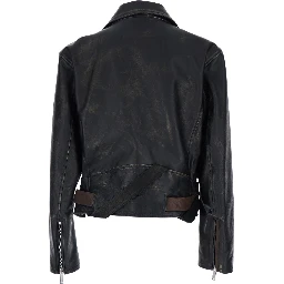 D2 x Magliano Black Biker Jacket with Wide Classic Lapels and Logoed Belt at the Waist in Leather Man