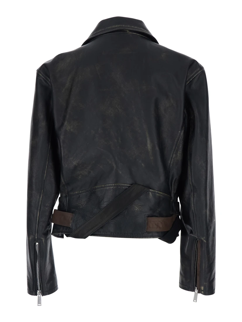 D2 x Magliano Black Biker Jacket with Wide Classic Lapels and Logoed Belt at the Waist in Leather Man