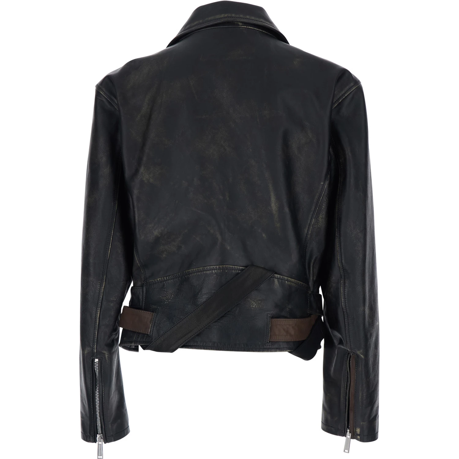D2 x Magliano Black Biker Jacket with Wide Classic Lapels and Logoed Belt at the Waist in Leather Man